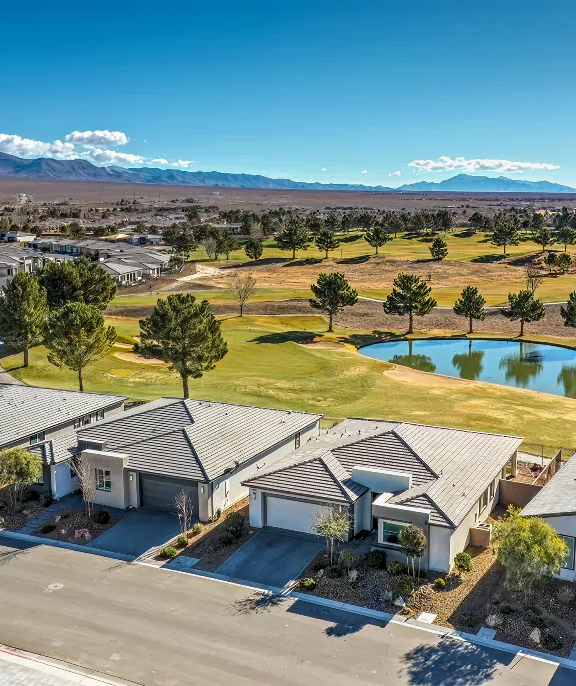 Aerial view of homes and desert landscape